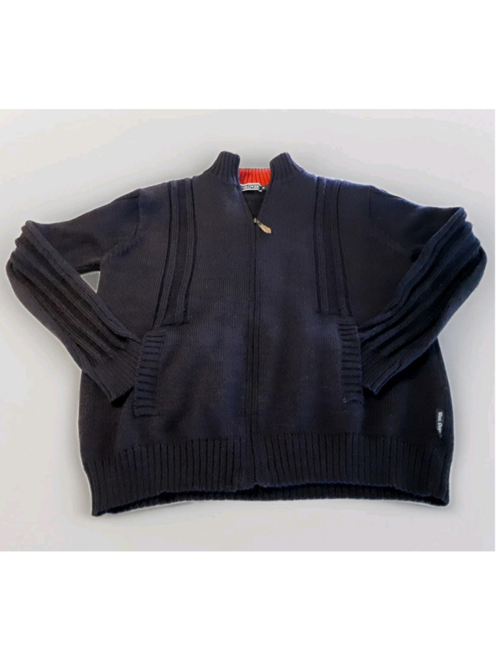 WOOLOVERS-BRITISH WOOL CARDIGAN-Navy-Full Zip-Chunky & Rib Details Pockets-MED.